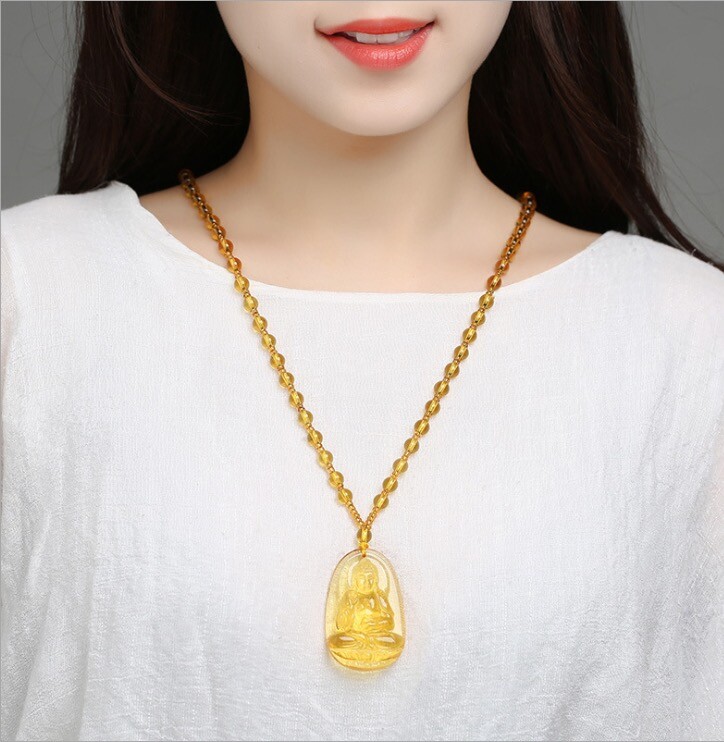Amilet Citrine Guardian Buddha Pendant Necklace / FengShui Wealth Fortune Power