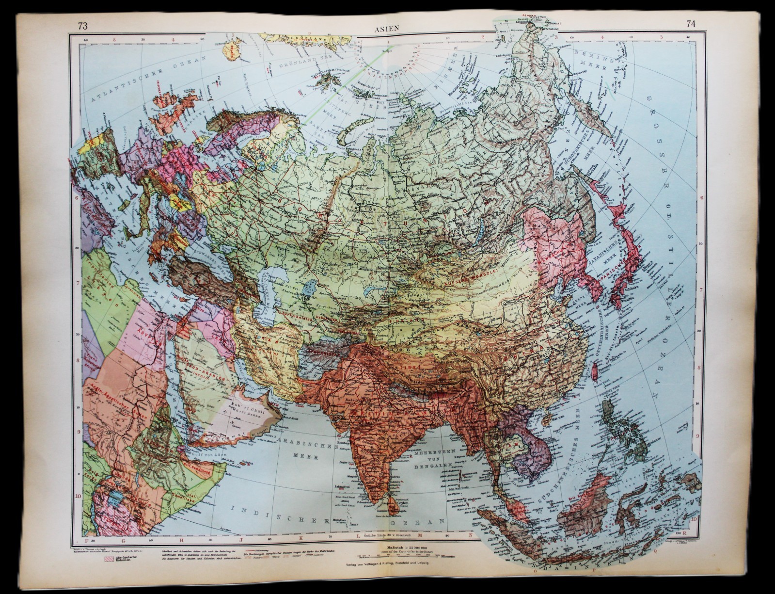 ANDREES HAND ATLAS MAP PLATE PAGE NO.73-74 ASIA CONTINENT POLITICAL MAP 1937
