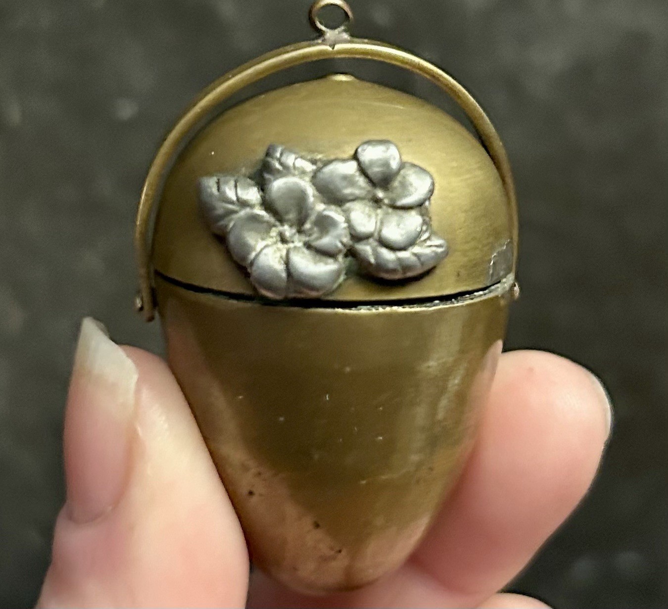 Victorian Brass Thimble Holder Sewing Egg 2″ Silver Flowers Chatelaine 1880s