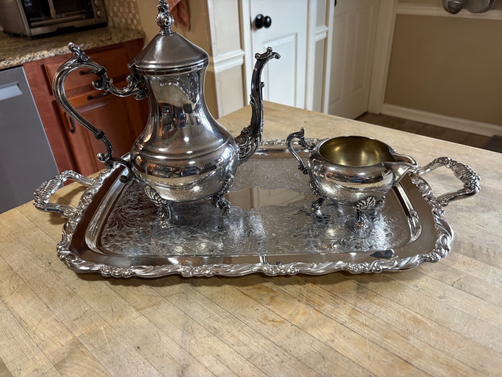 3 Piece 1883 FB Rogers Silver Co Silver Plated Coffee Pot & Creamer Oneida Tray