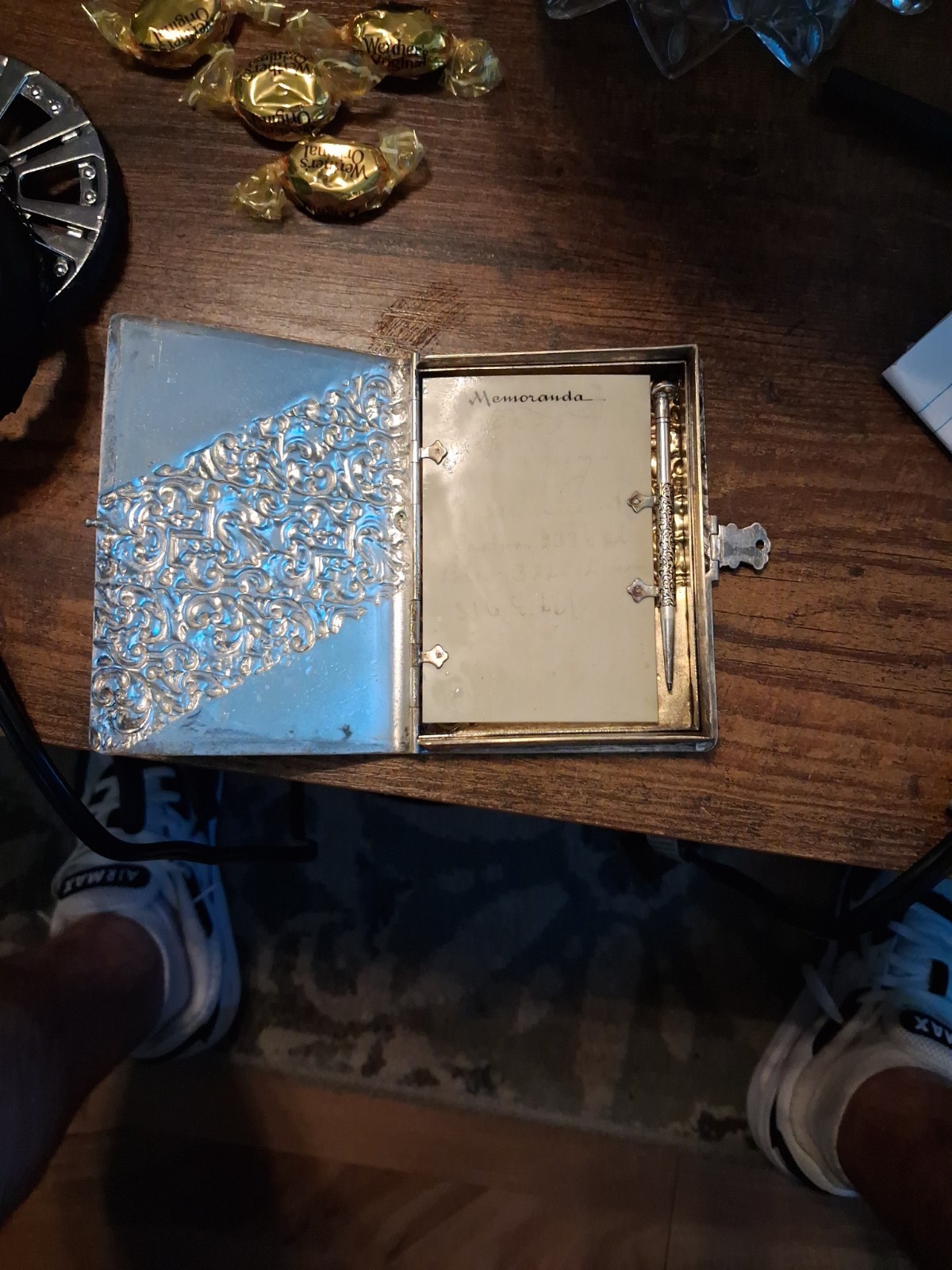 Silver Plate Repousse Card Case / Note Pad. Celluloid Divider, c. 1892