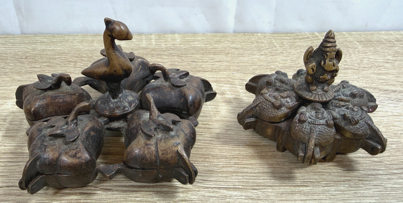 Antique Indian Brass Folding Oil Lamp Diya Pair Ganesha Peacock Hindu Puja India
