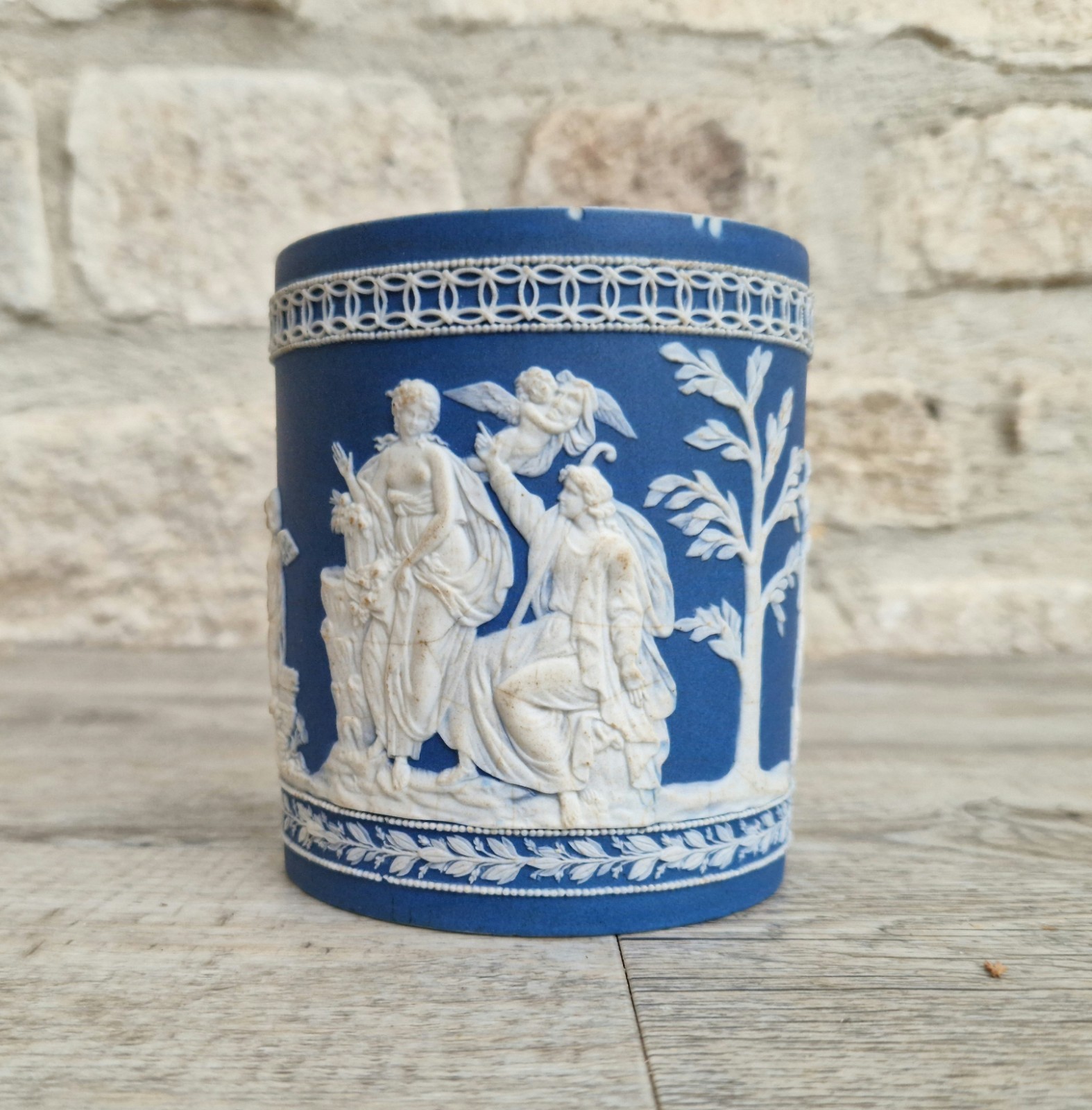 Antique 19th C. William Adams Jasperware Neoclassical Blue Sprigged Drum Base