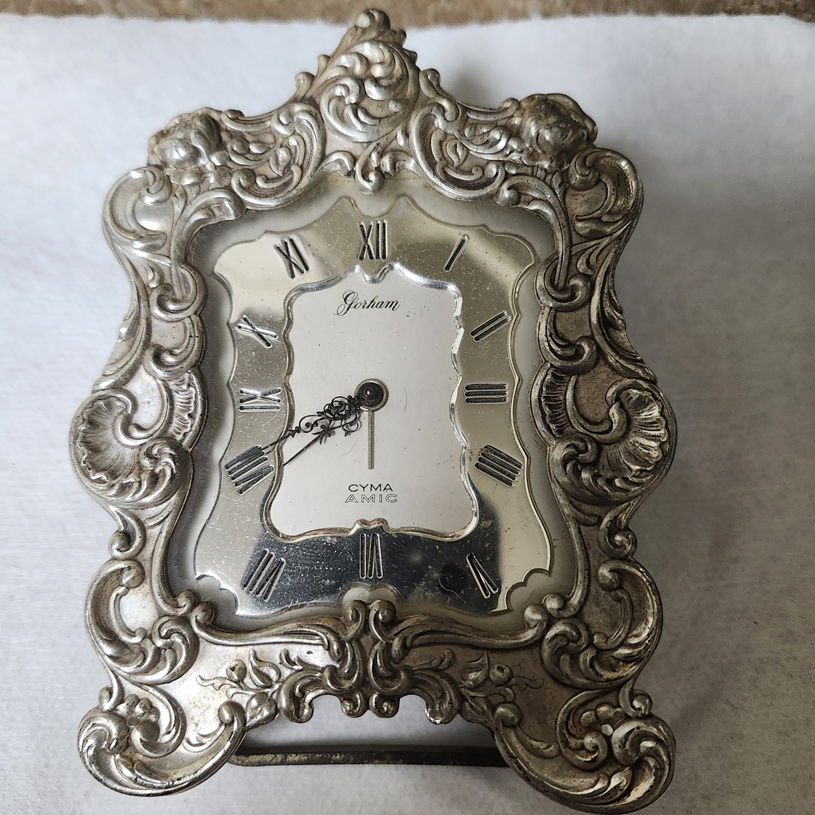 Vintage Gorham Sterling Silver Repousse Rose Table Alarm Clock Works!