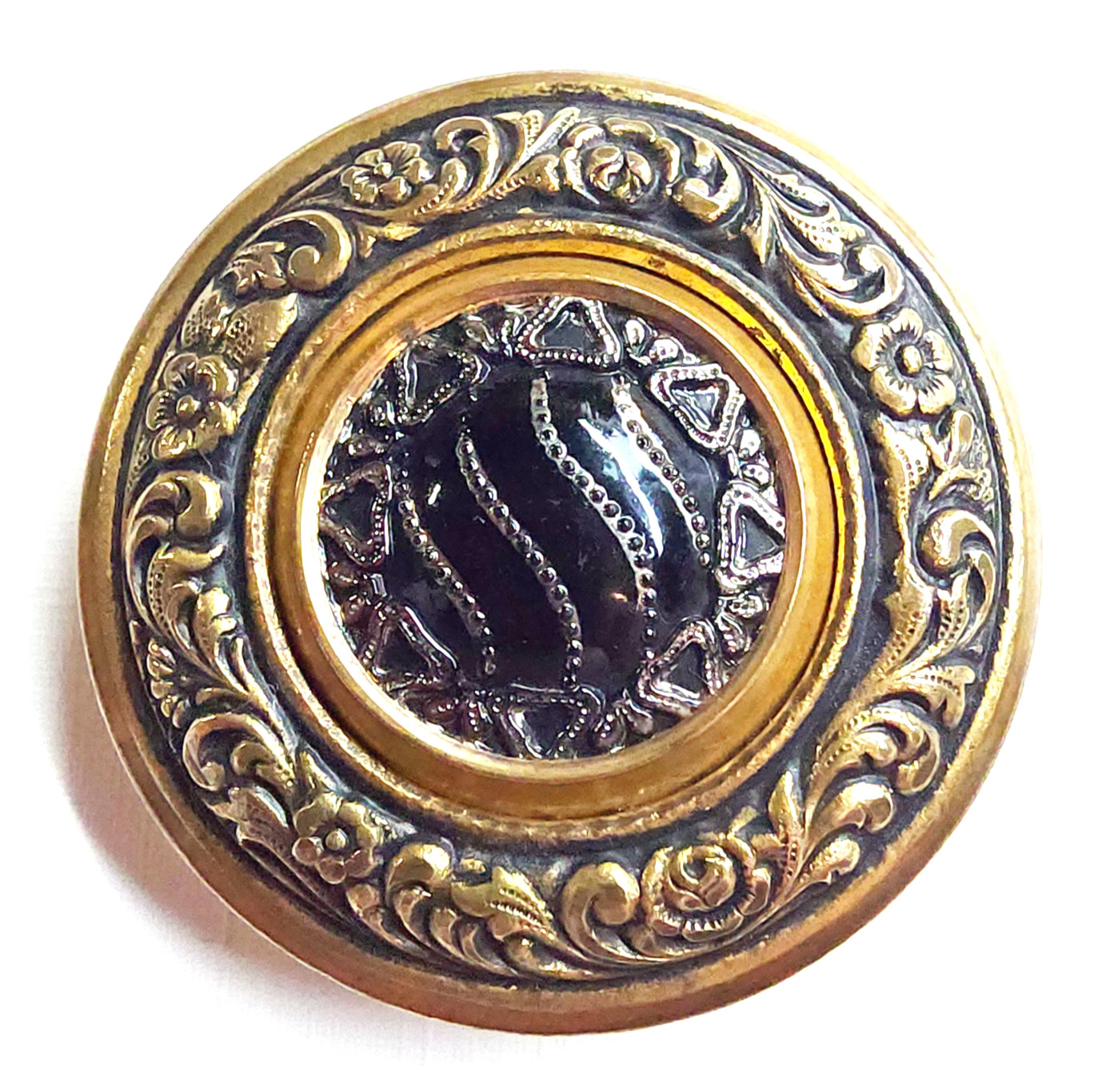 Large Antique Brass Gay 90s Style Button ~ Black Glass Jewel w/ Silver Luster