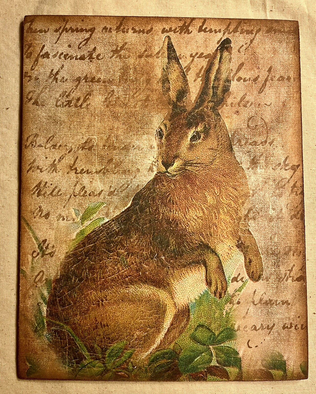 Folk Art Rabbit, Primitive Handcrafted Artist Canvas Flat Board SIGN # 1