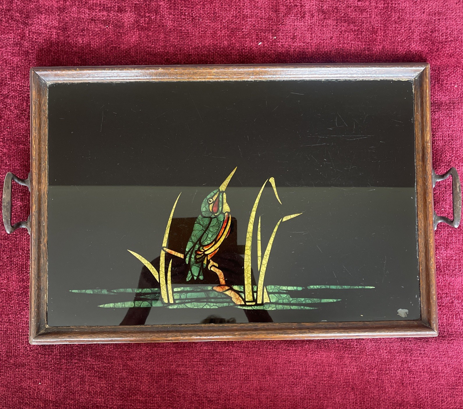 Vtg Reverse Painting Glass Tinsel Foil Art French Butlers Tray Kingfisher 19th C