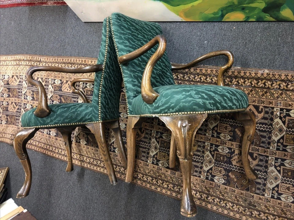 Pair Solid Mahogany Queen Anne Style Armchair