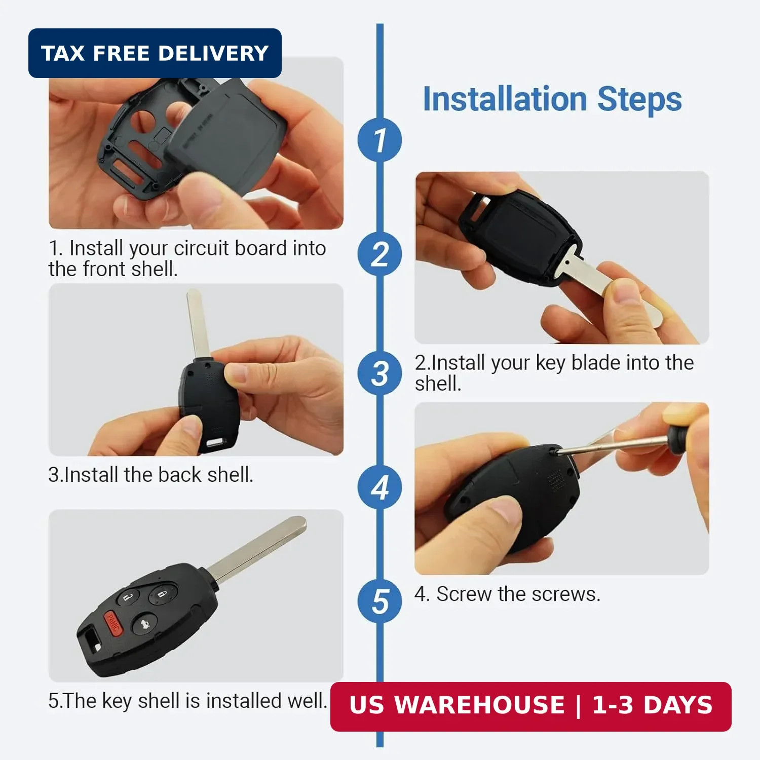 No Cutting Upgraded Version Replacement Key Fob Cover Case fit for Honda 2003-20