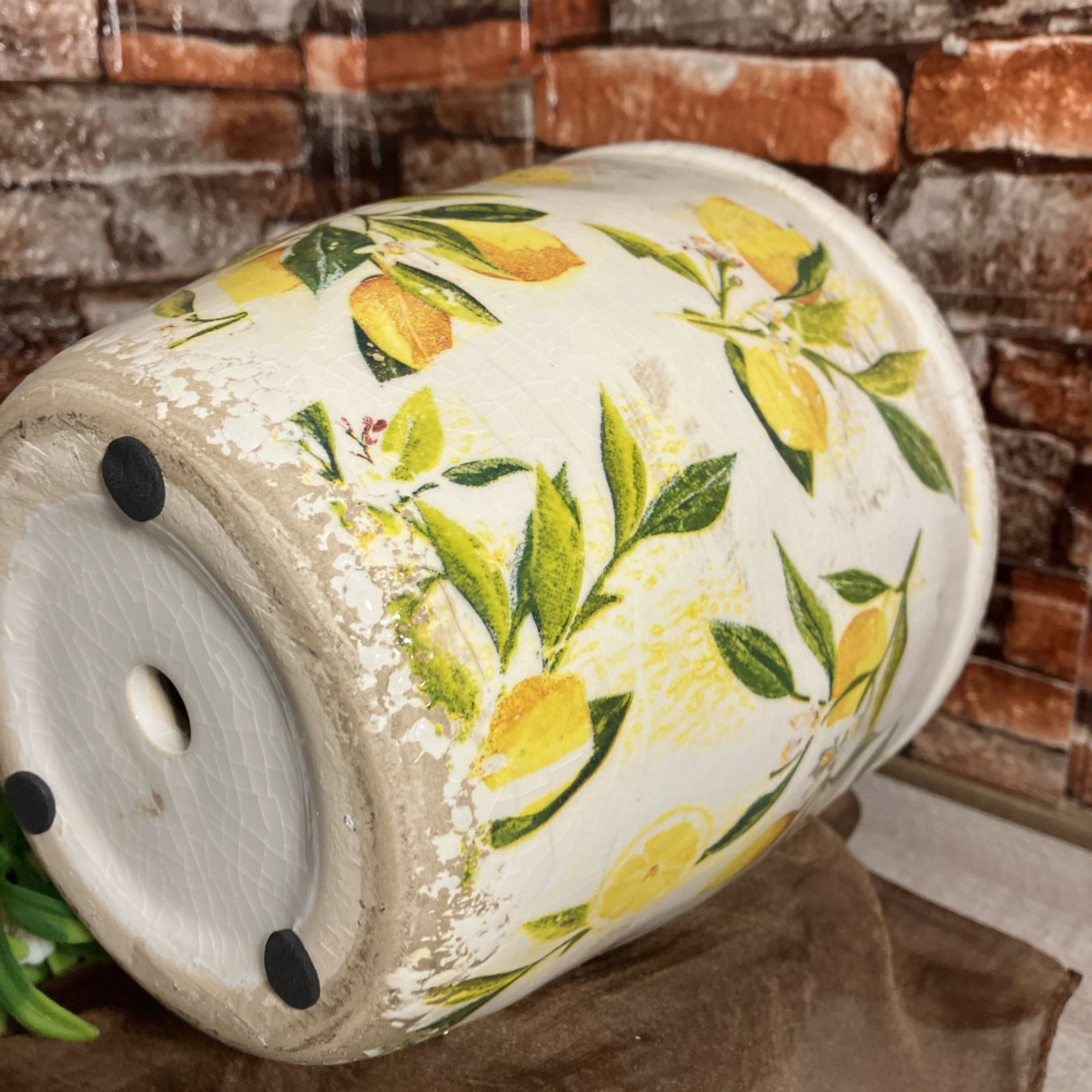 Vase Crock White Yellow Green Porcelain Ceramic Lemon Vines Floral Home Accent