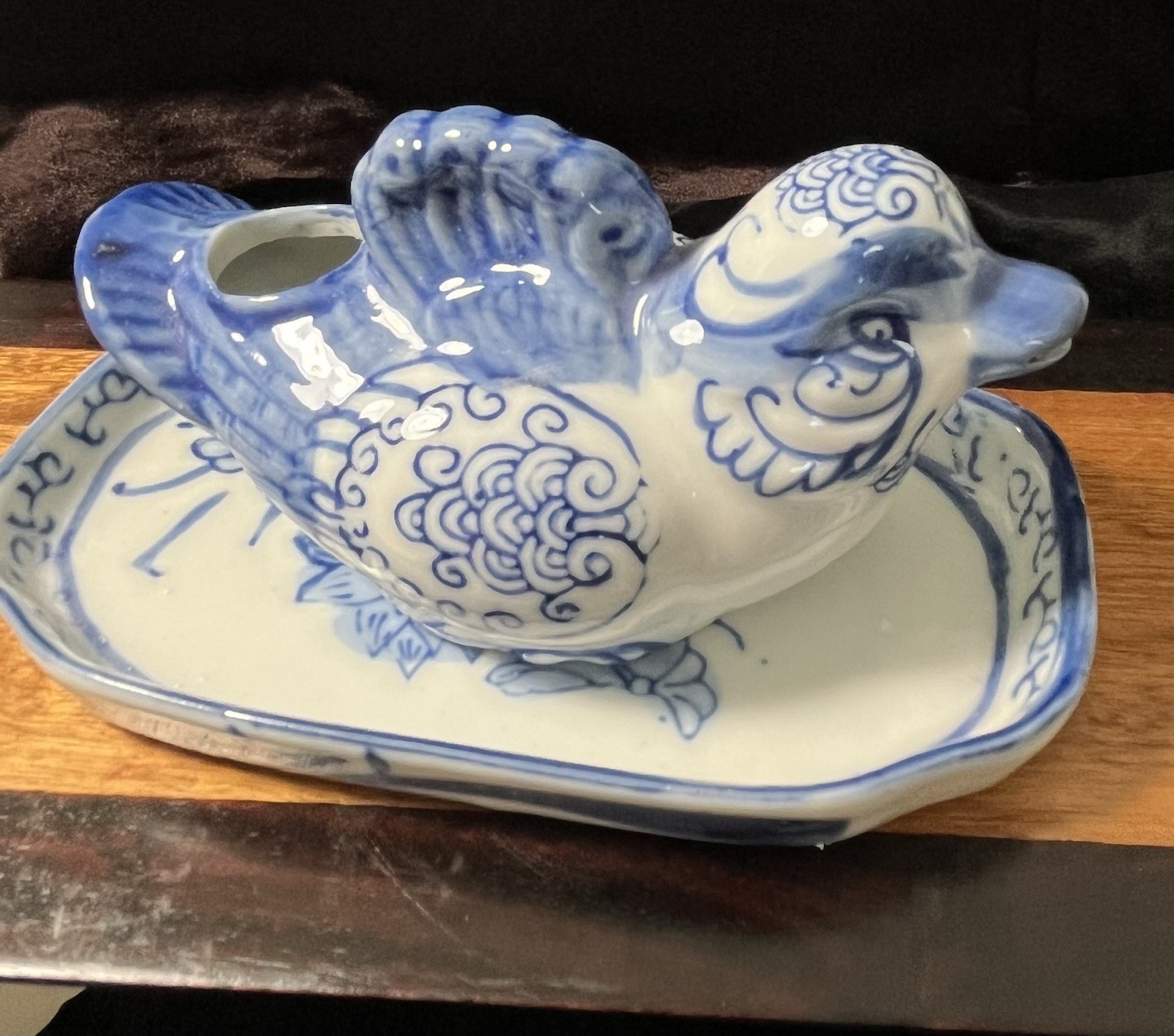 Antique/Vintage Blue & White Porcelain Bird Figural Water Dropper & Dish