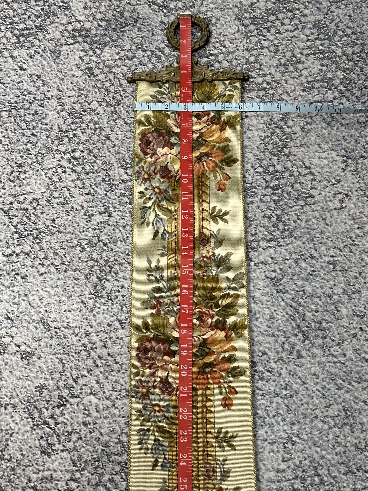 Vintage 38” MCM Corona Decor Tapestry Wall Hanging Roses Ornate Solid Brass Ends