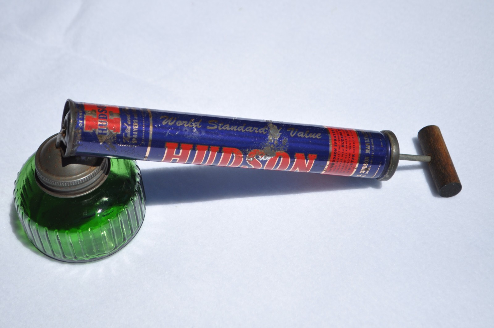Vintage Hudson Bug Sprayer W/ Green Glass. Steel Body W/ Wood Handle