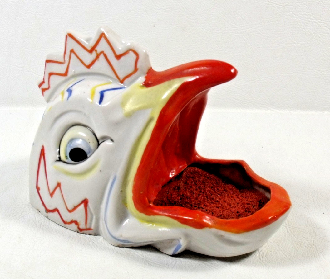 Antique/Vintage Made in Japan Porcelain ROOSTER/CHICKEN STAMP LICKER w/Sponge