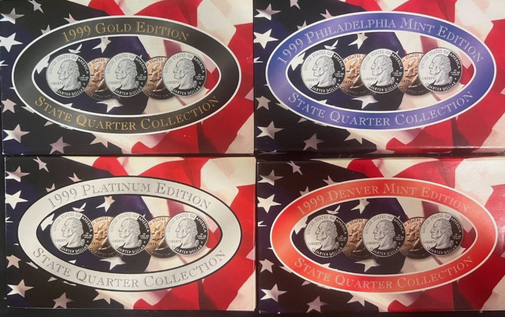 1999 State Quarter Collection Gold, Platinum, Denver & Philadelphia in Boxes COA