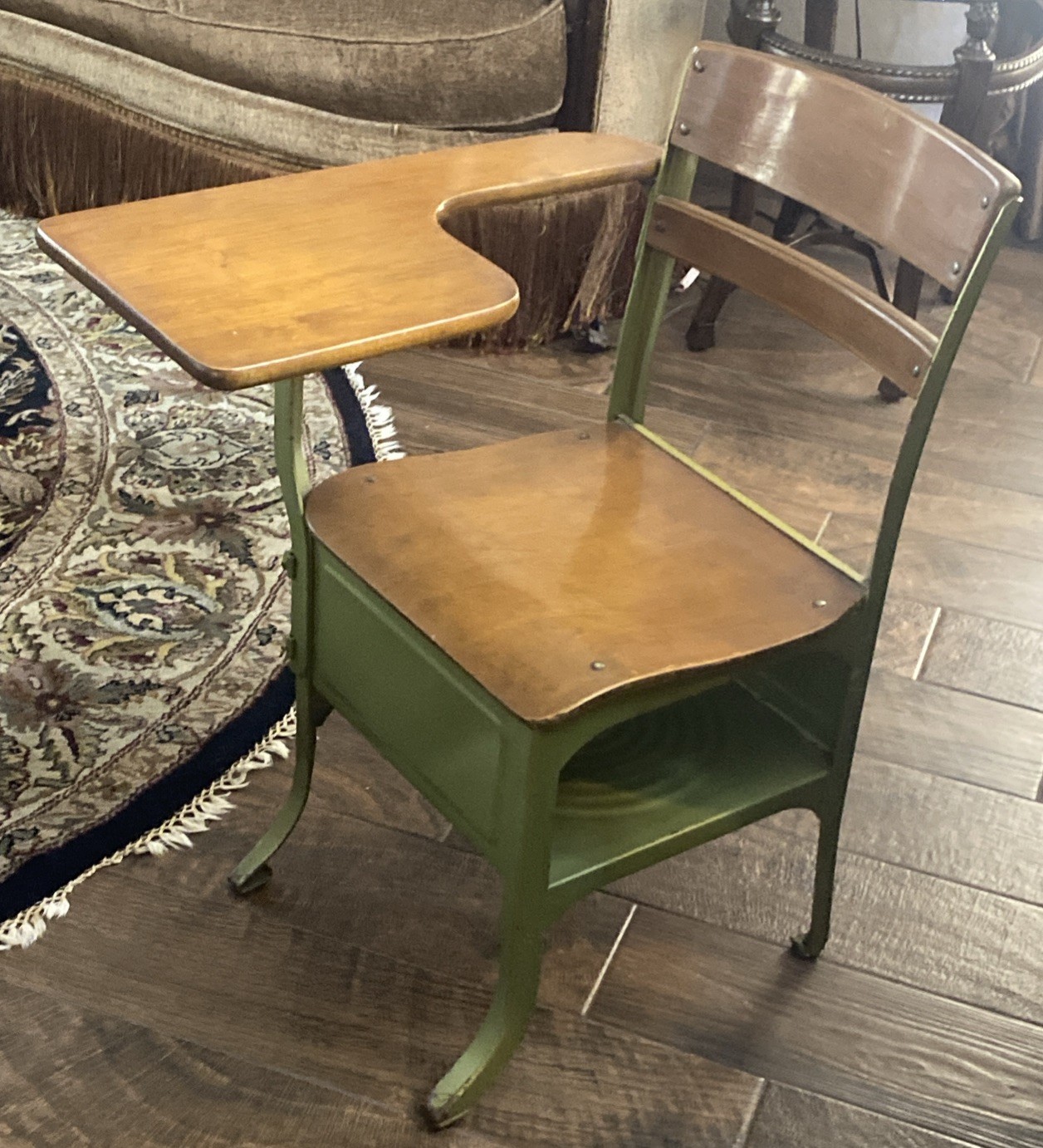 Antique Wood & Metal School Desk Adult Size Original Green Great Condition Heavy