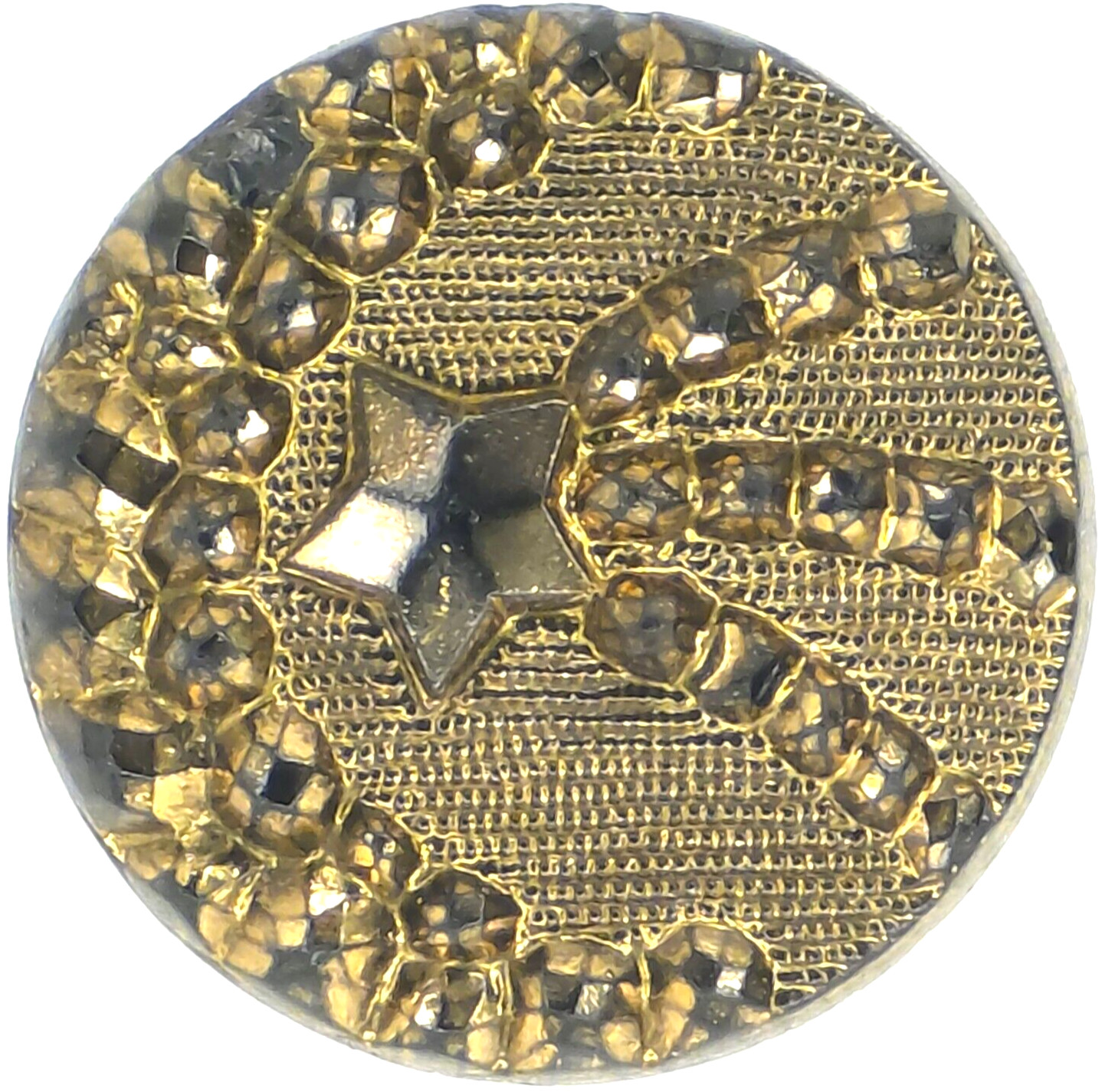 1880s Victorian Black Glass Crescent Moon Shooting Star Button Dark Gold Luster
