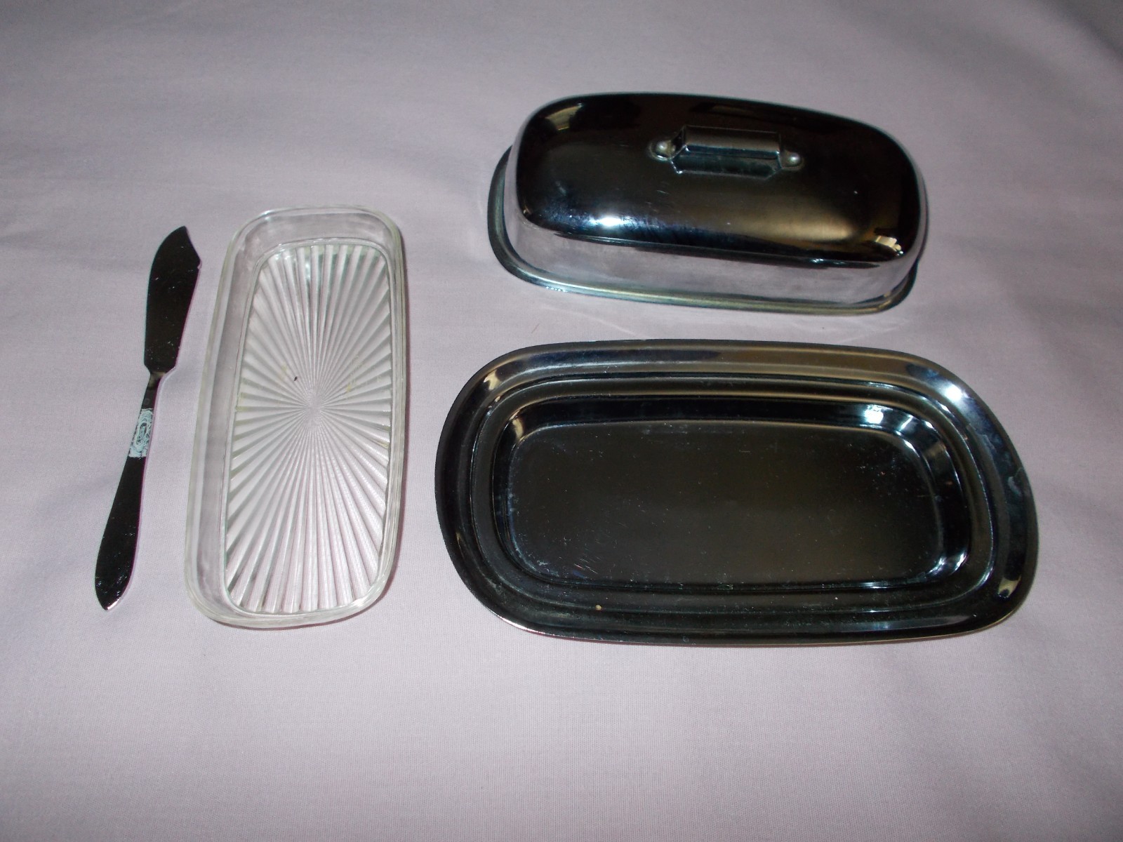 Vintage Silver Plated Metal Butter Dish With Lid Knife and Plastic Insert