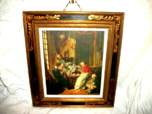 Sungott Art French Parlour Gravure Print Ormolu Topper Gilt Black Wood Frame MCM