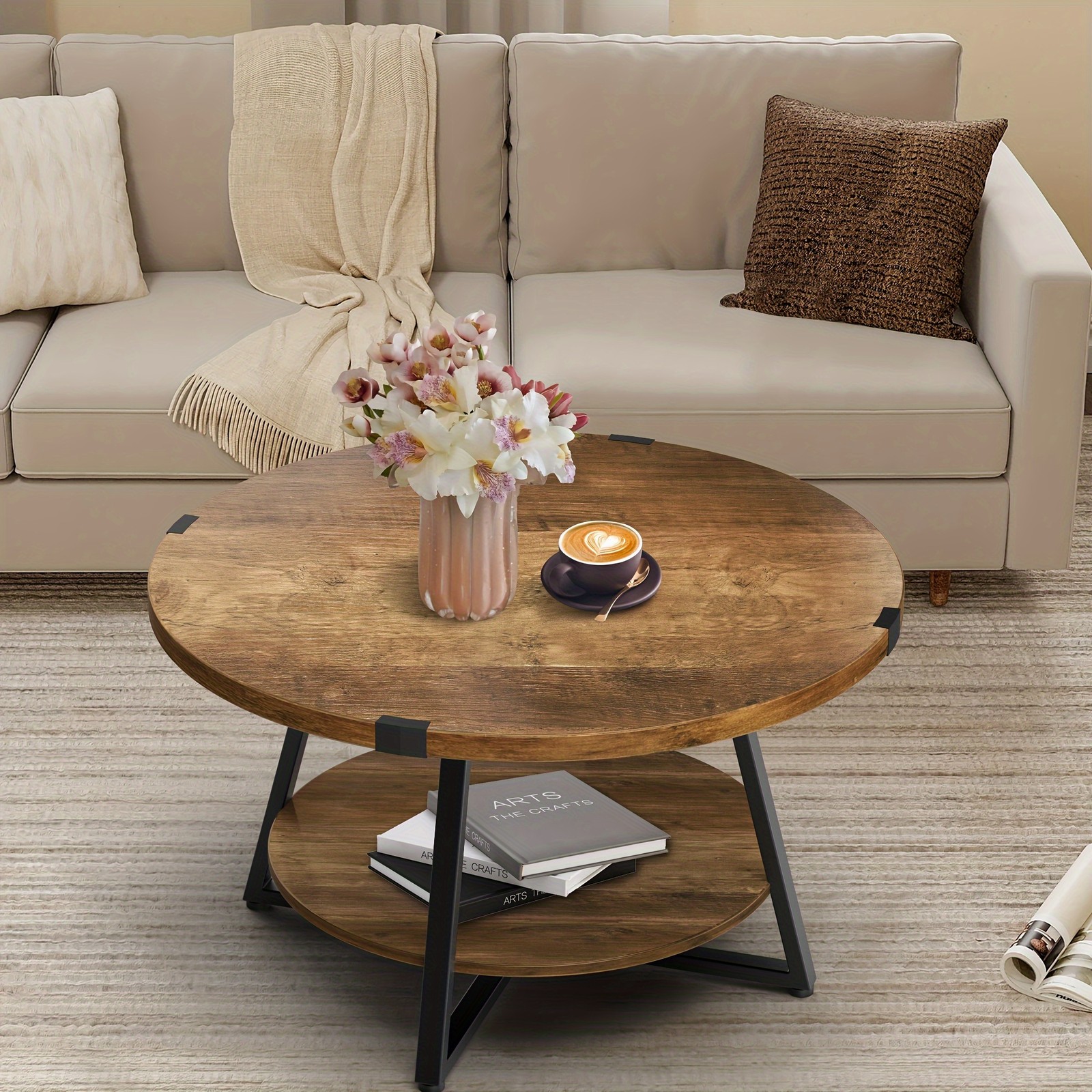 Rustic Oak Round Coffee Table With Two Tier Storage Shelves