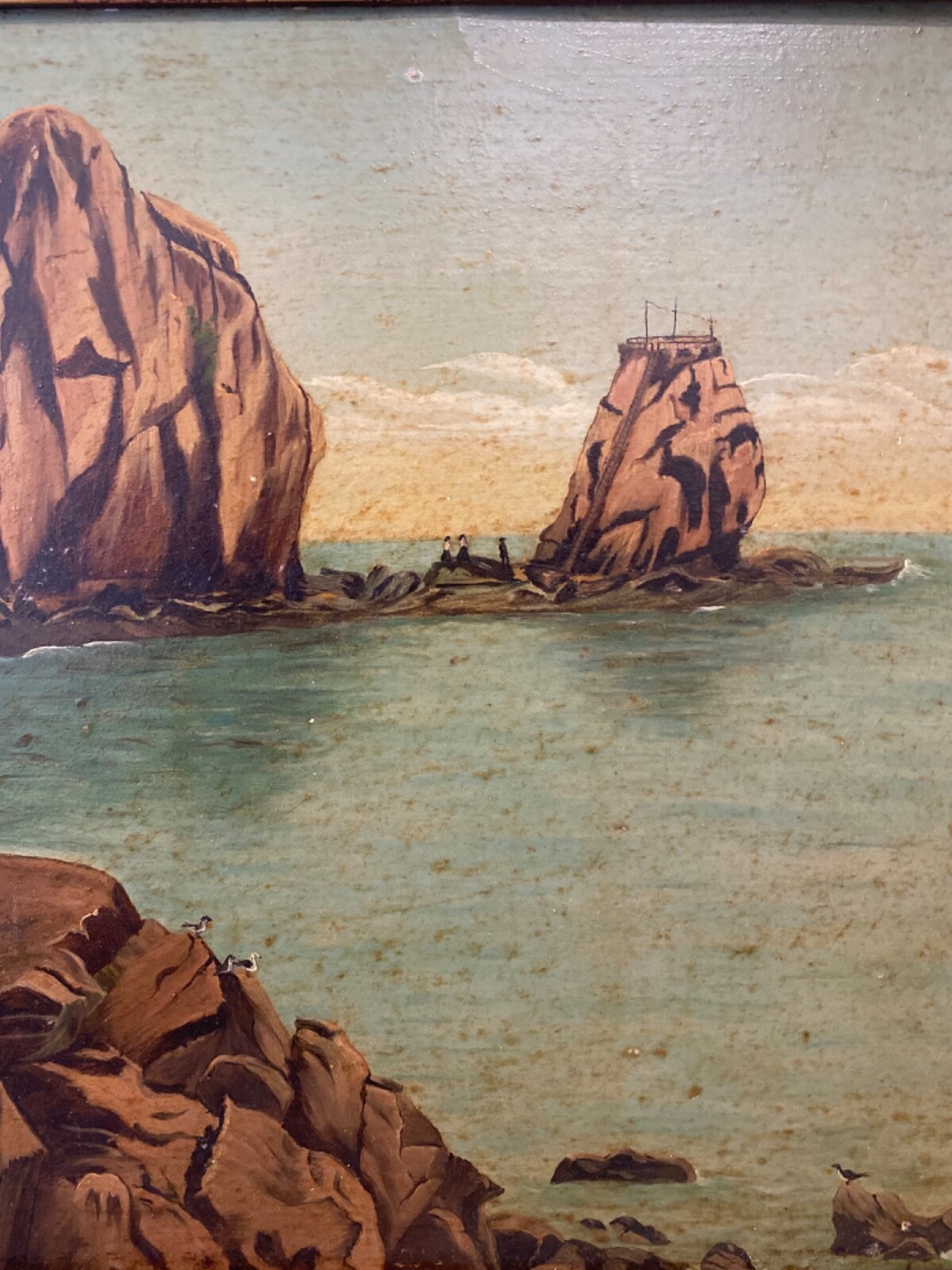 🔥 Antique Old 19th c. American Folk Art Nautical Ship Seascape Oil Painting