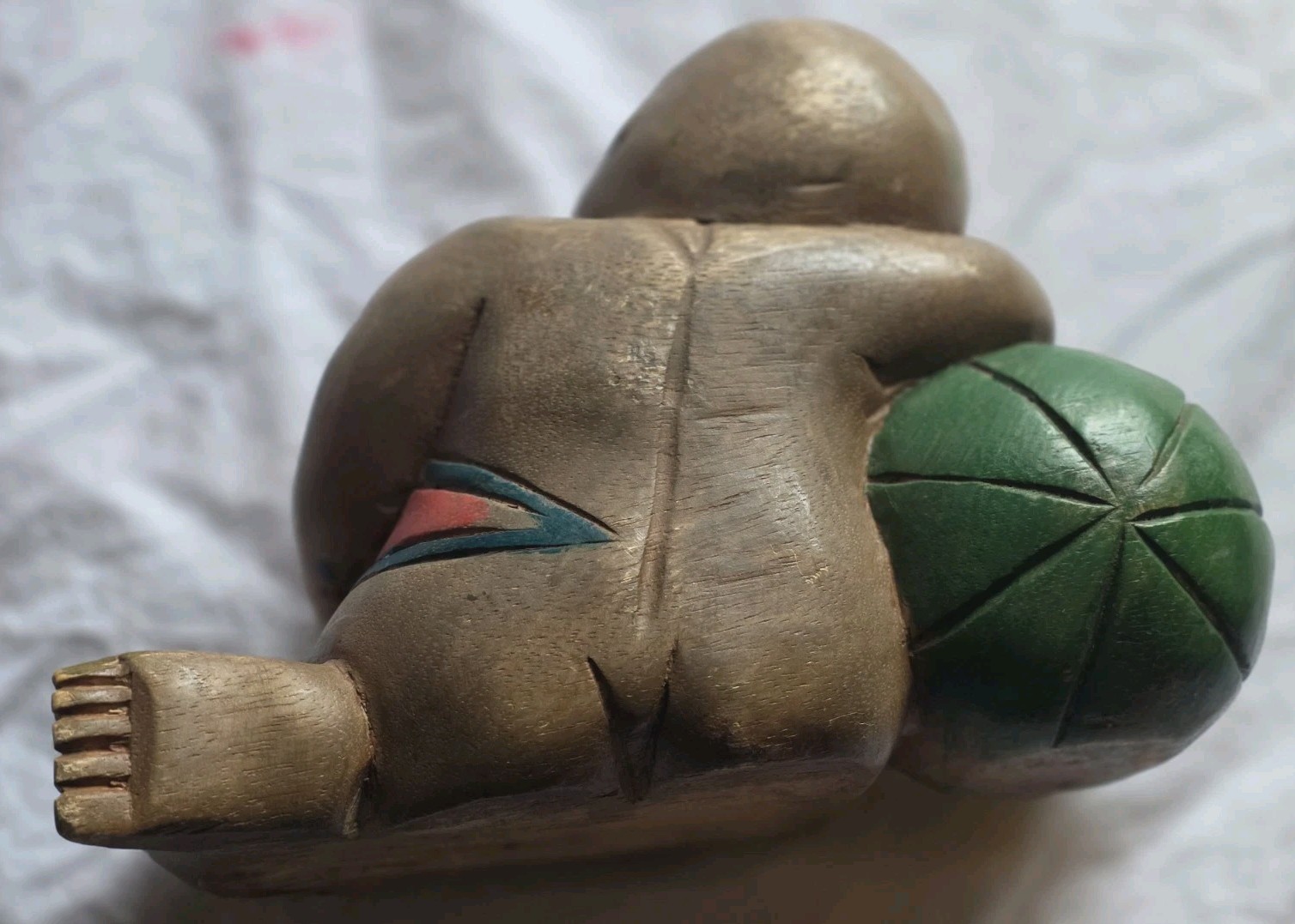 22.5cm VINTAGE WOOD CARVED ASIAN GOOD LUCK CHILD BOY/BUDDHA ON MELON. THAI (403