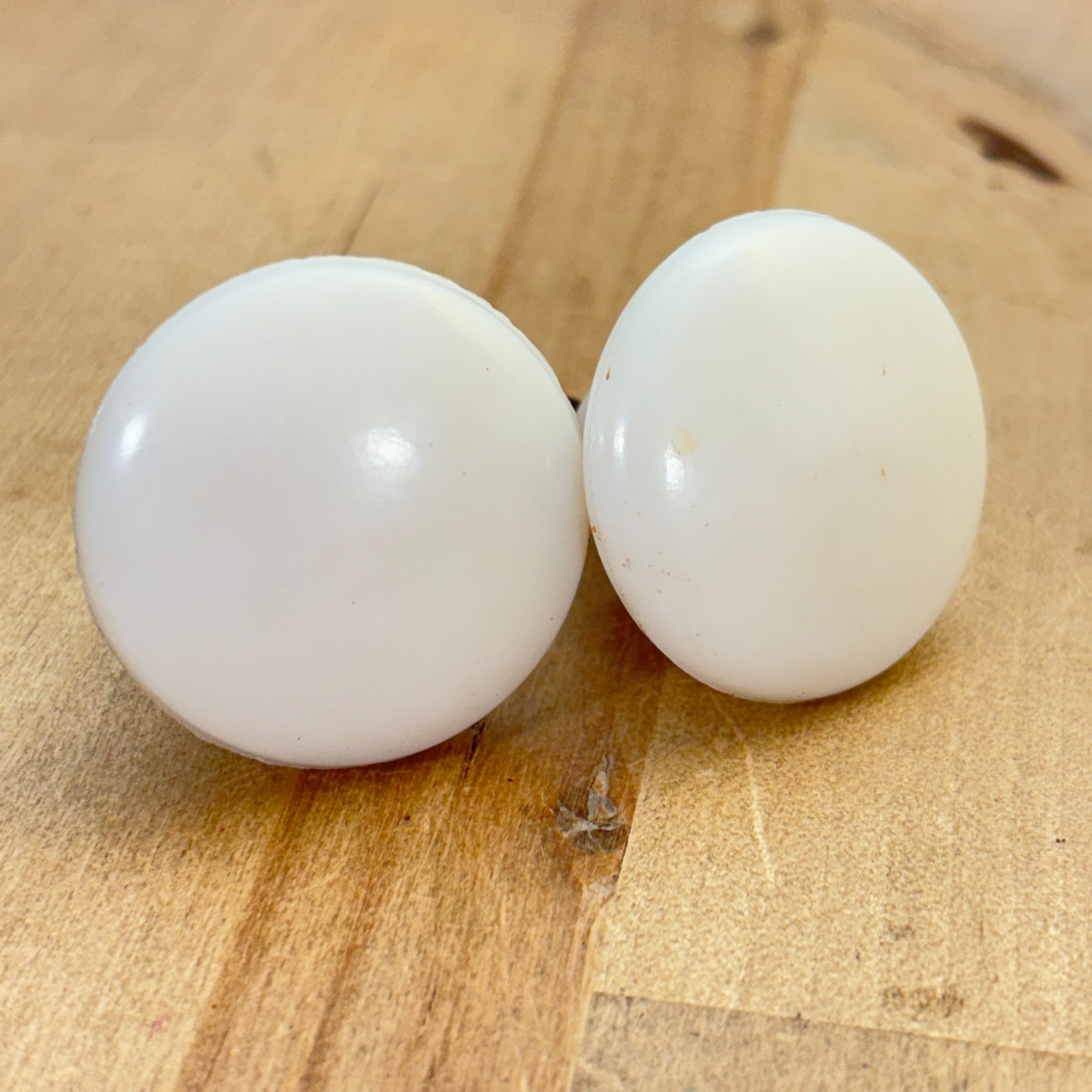 Pair Vtg White Plastic Acrylic Drawer Knob Pulls, Hong Kong 1.5″dia