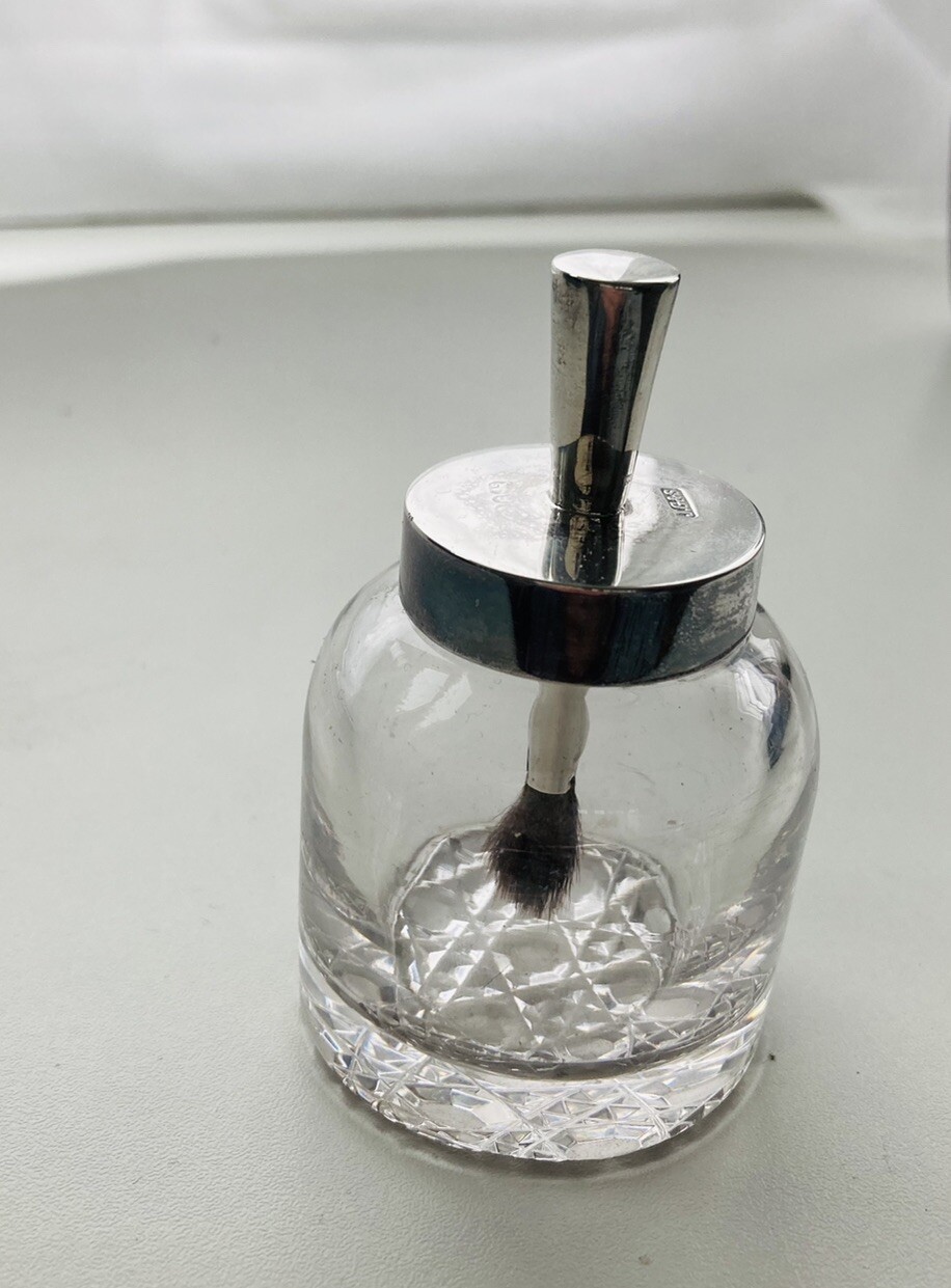 Rouge Pot Jar Cut Crystal Dressing Table Sterling Silver Lid With Brush 30s