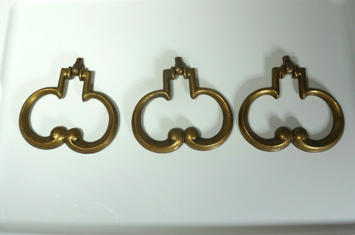 Vintage 3 Brass Drawer Drop Pulls Handles Large 3 1/2″ X 3″ Decorative Heart