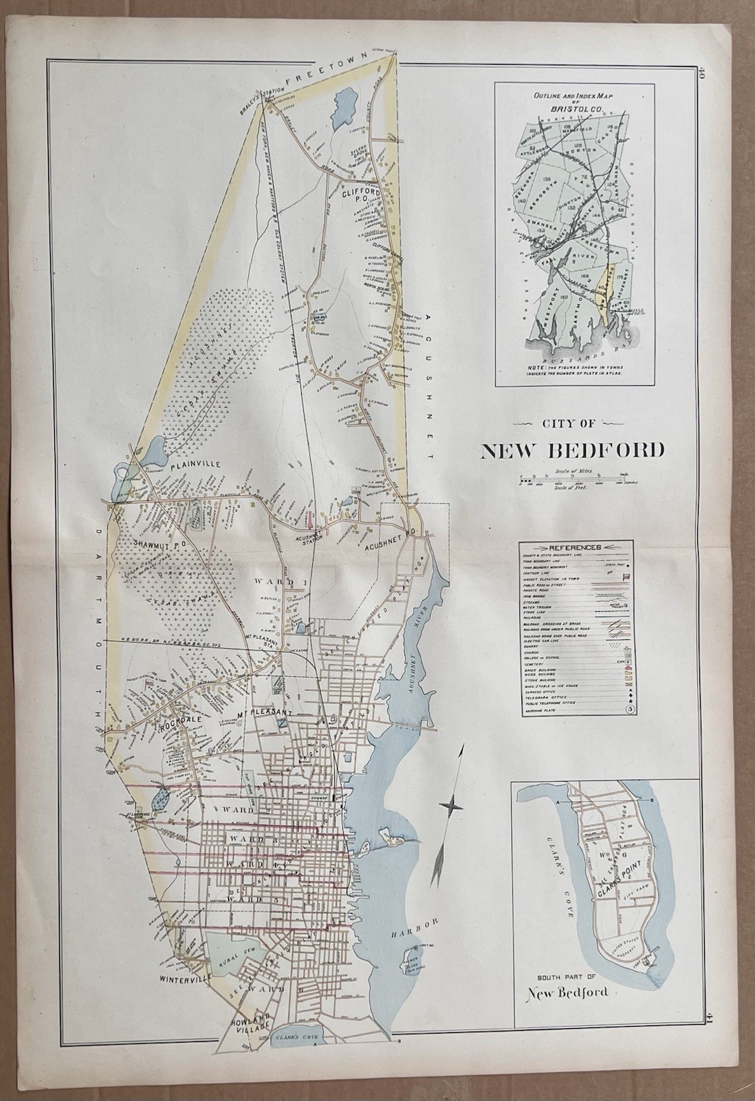 Orig 1895 Map New Bedford,Harbor,Acushnet Rv,Plainville,Wharfs,Not Repro,Mass,MA