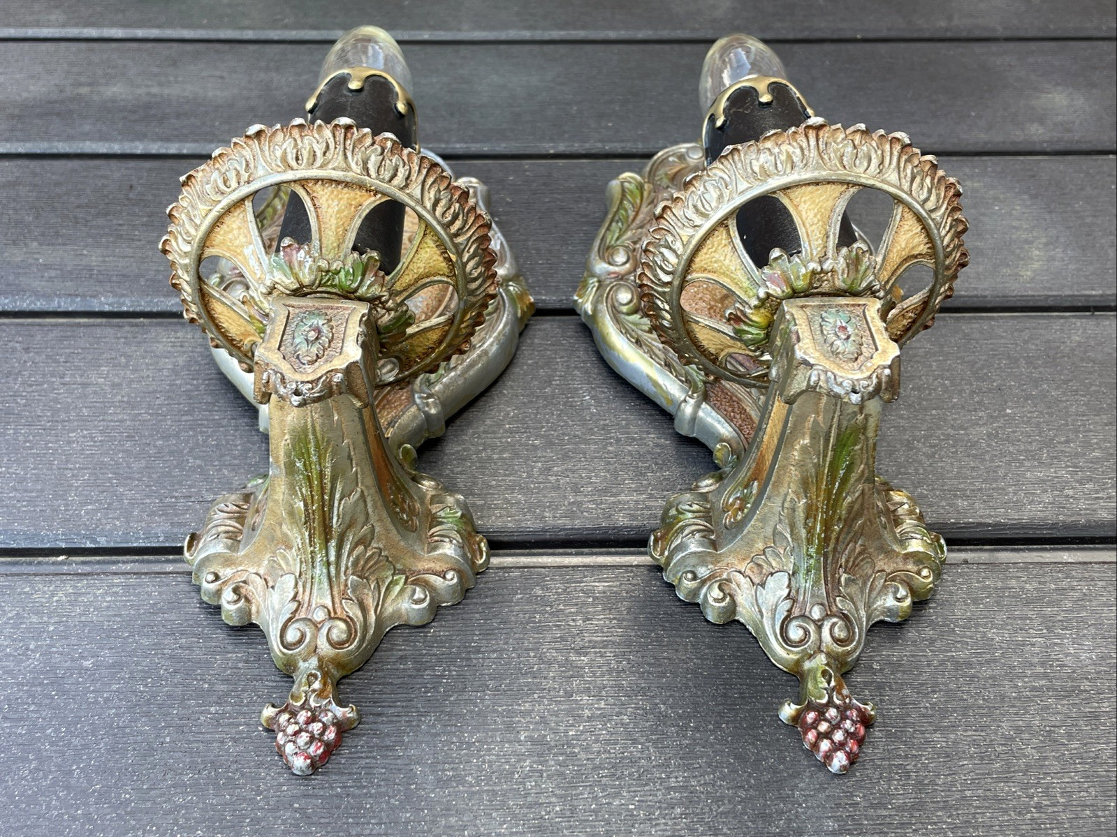 REWIRED Pair Antique Vtg Polychrome Wall Sconces Arts & Crafts, Deco 1920s 1930s