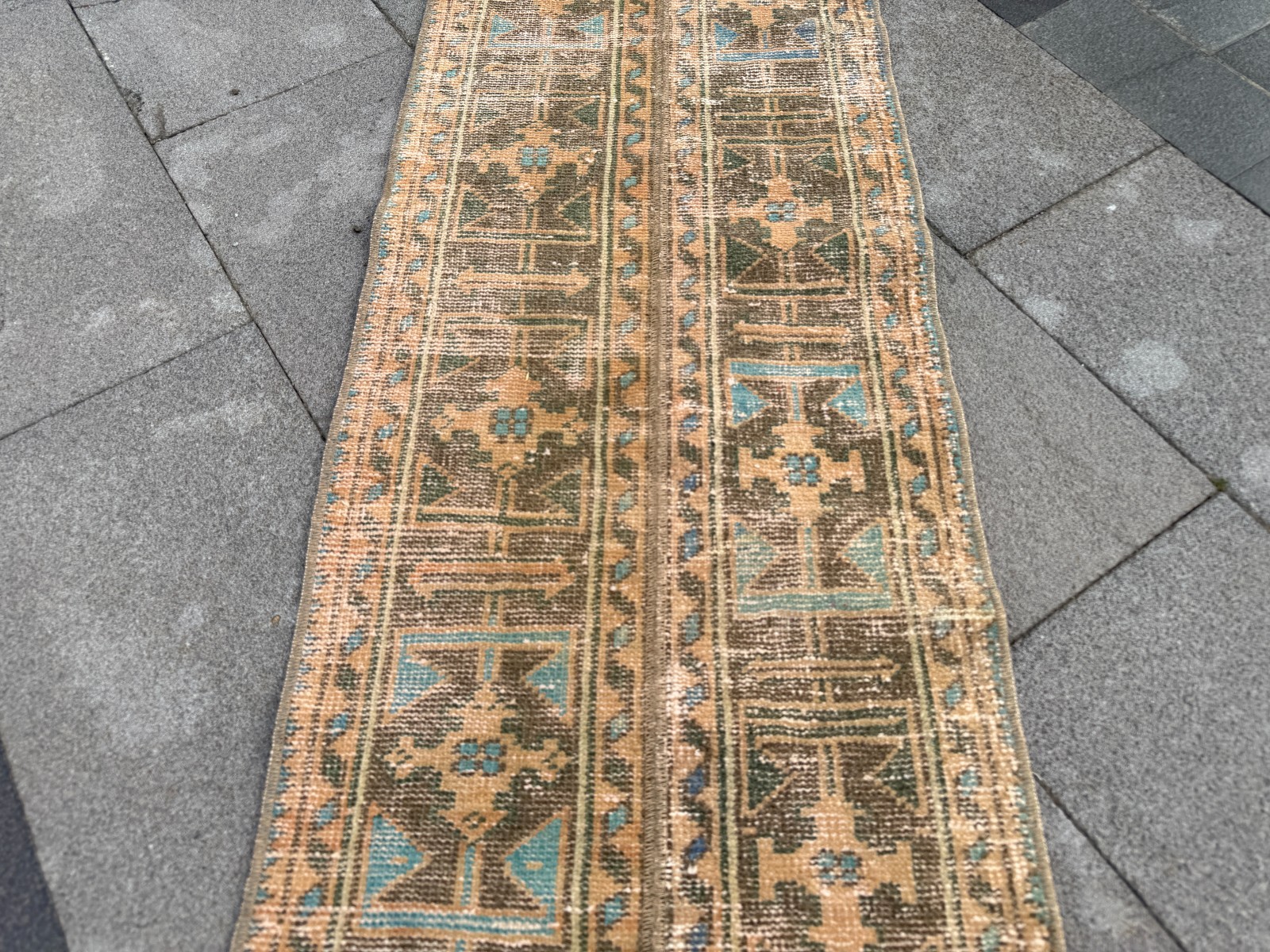 Vintage Turkish Oushak Runner Rug 1.7×9.9 ft Hand Knotted Sky Blue Coral Rug