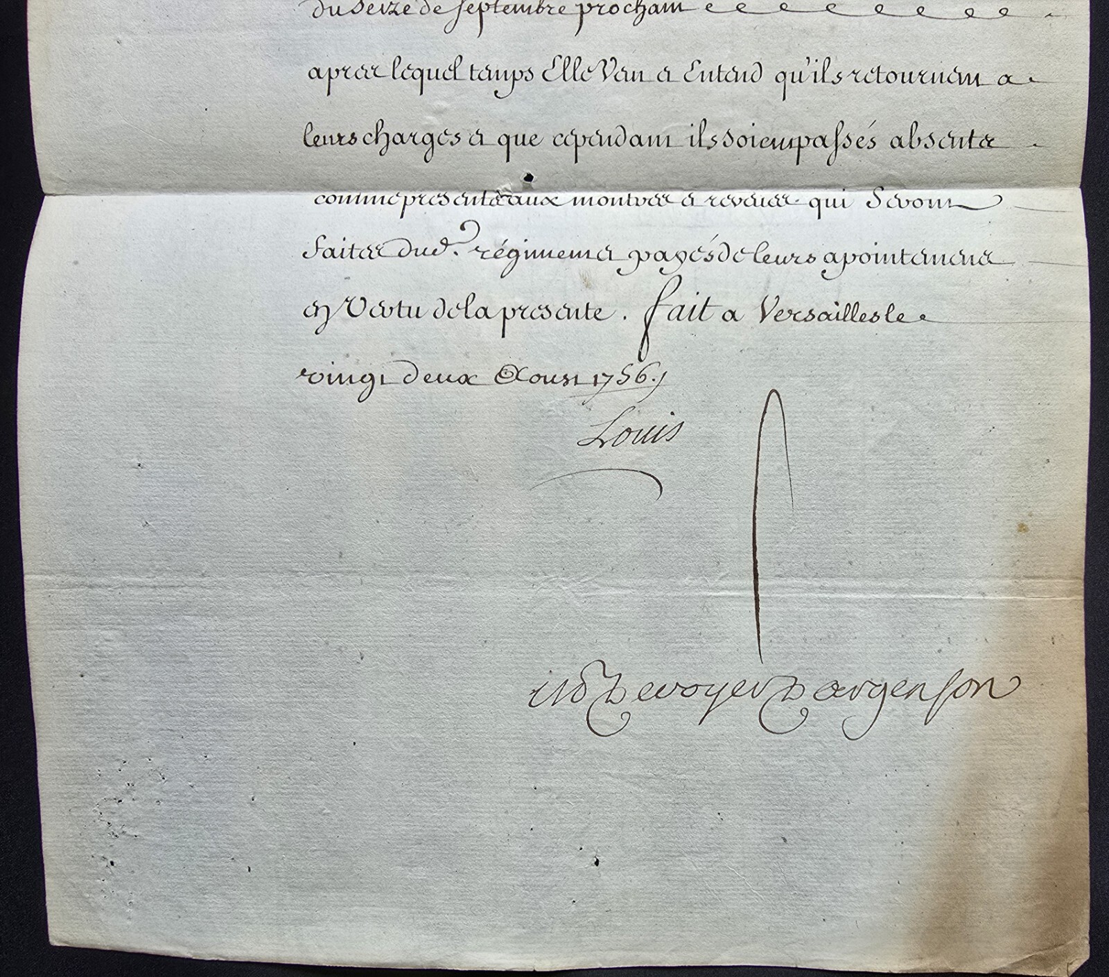 LOUIS XV SIGNED FURLOUGH FOR 6 CAPTAINS IN THE BEAUVAISIS INFANTRY REGIMENT 1756