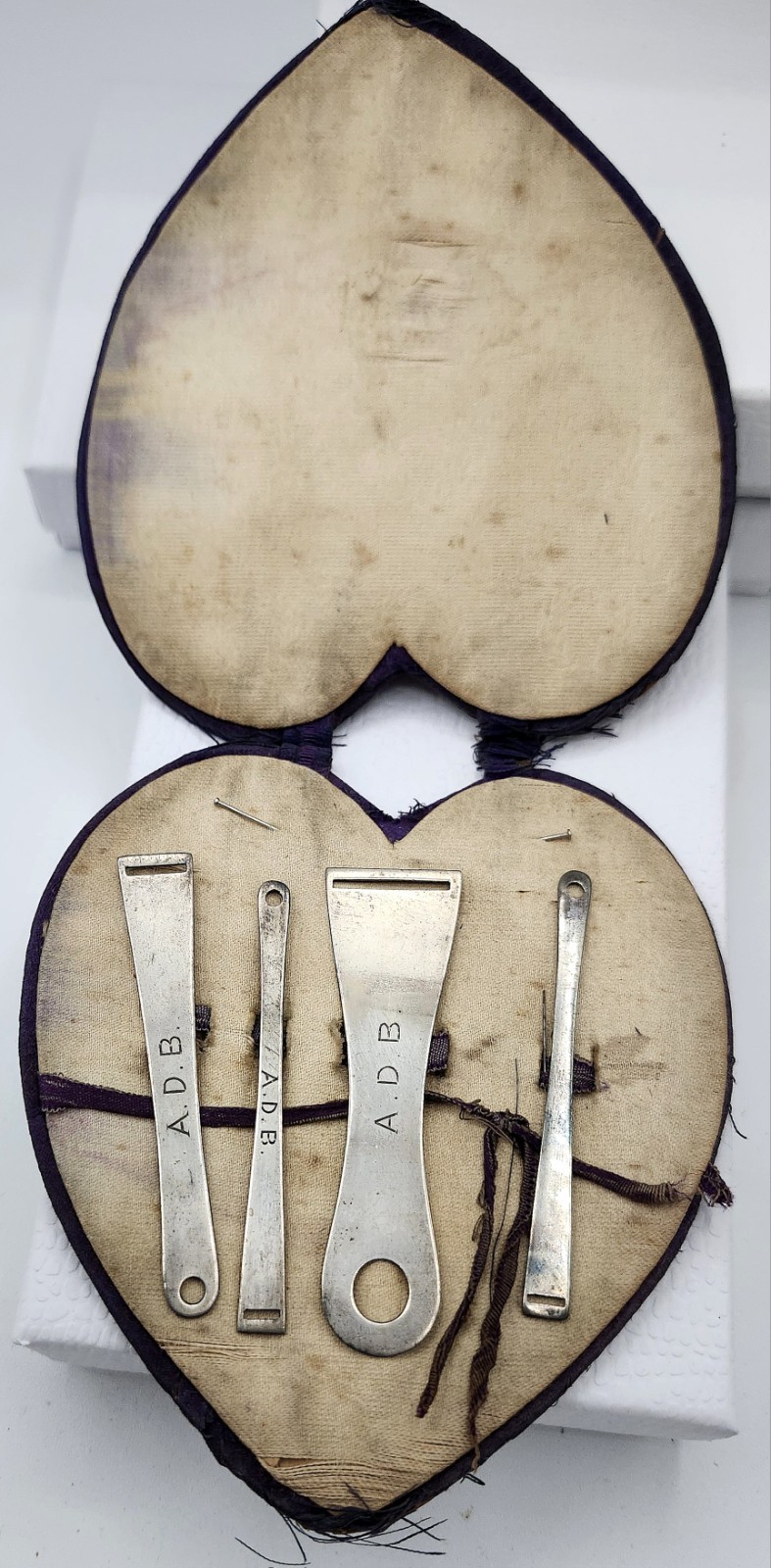 Antique Victorian 4 pc in Heart Case Sterling Silver Bodkin Ribbon Threader Set