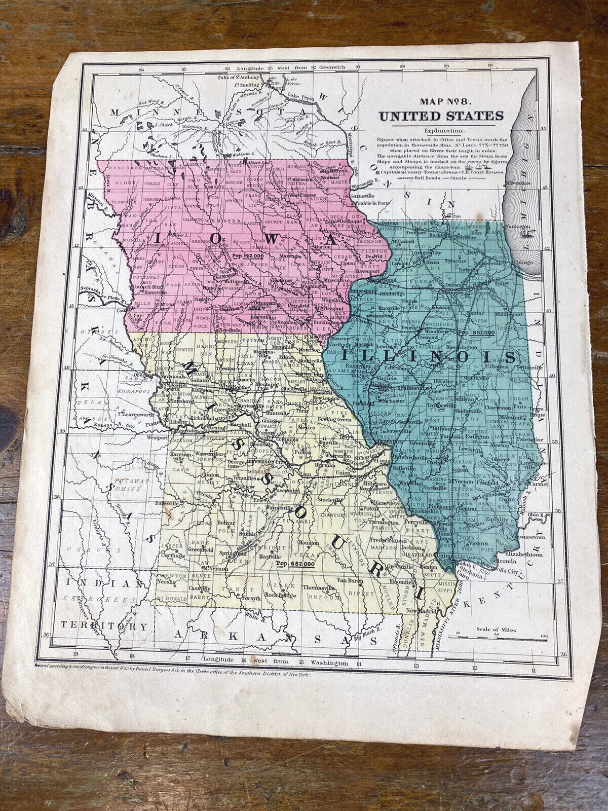 1853 Hand Colored Map ILLINOIS, MISSOURI, IOWA ~ Railroad, State Population