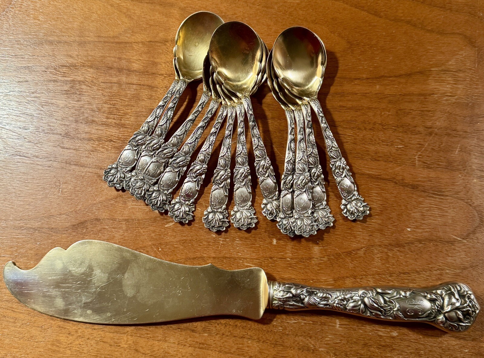 RARE ALVIN BRIDAL ROSE 11 3/4” ALL STERLING HOLLOW H ICE CREAM 13 PIECE SET