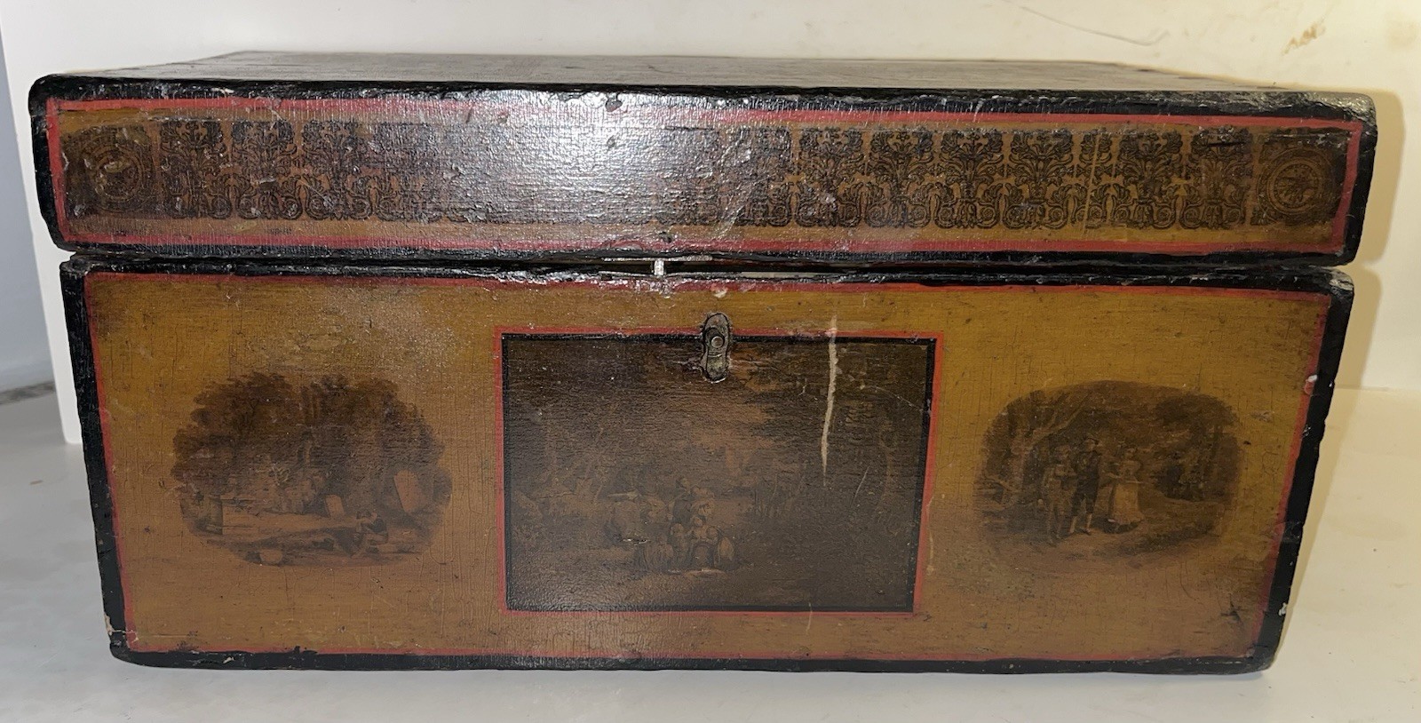 Antique DOCUMENT BOX 19TH C Fine Old Paint Super Early Decoupage Jenny Lind