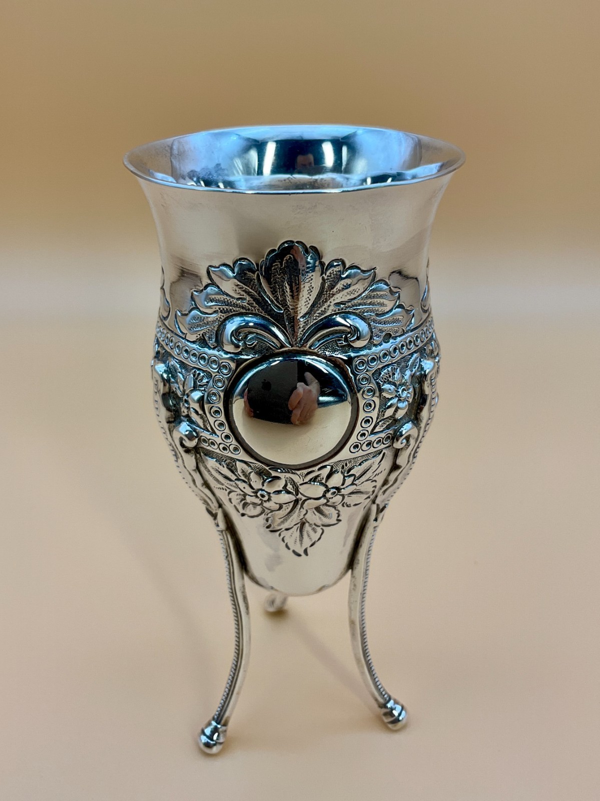Antique London 1923 English Sterling Silver Embossed Floral Footed Goblet