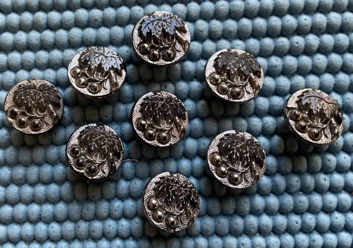 9 Antique Victorian Matching Black Glass Silver Buttons – Fruit – Old Lot 9/16”