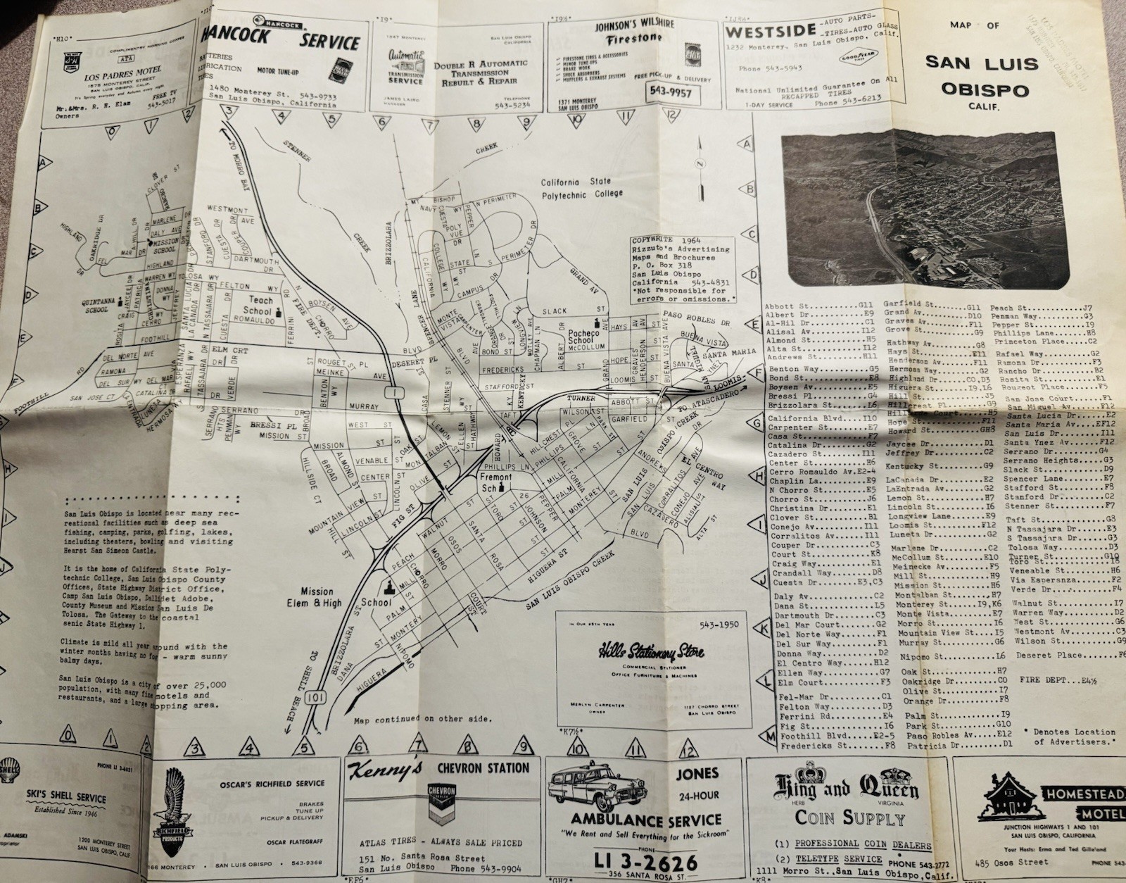 1964 Vintage San Luis Obispo California City Street & Business Directory Map-CA