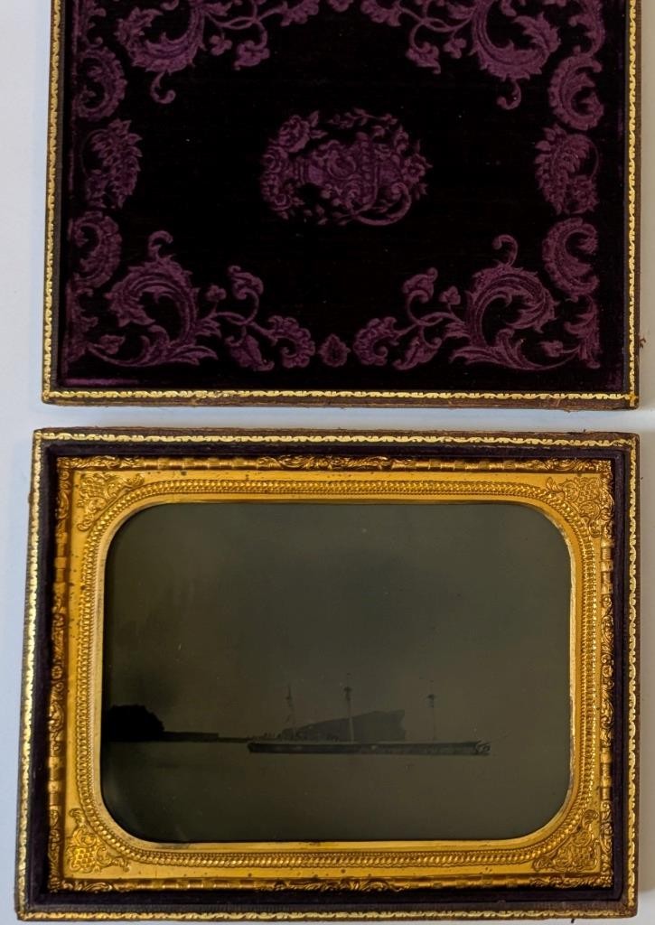 c. 1860 s NAUTICAL MARITIME 1/2 PLATE AMBROTYPE, SAILING SHIP VESSEL w SAILOR s