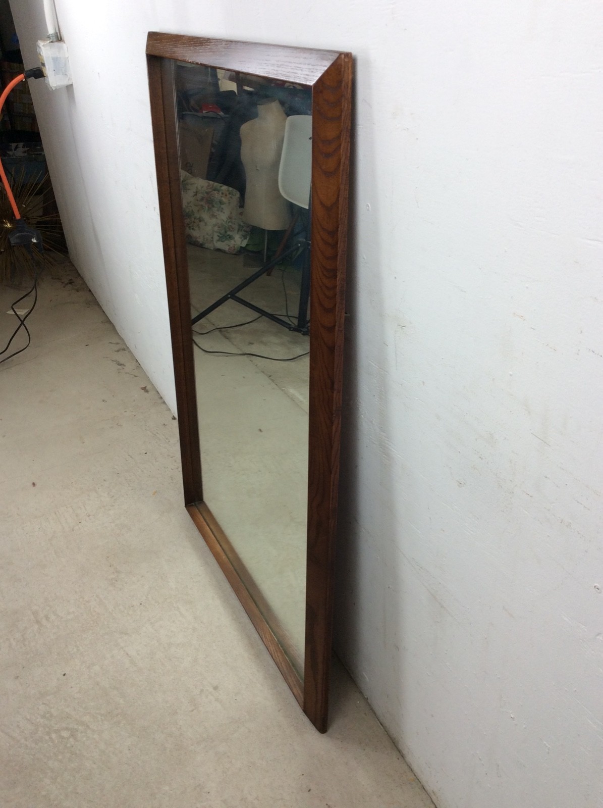 Mid Century Modern Tall Rectangular Wall Mirror with Oak Frame