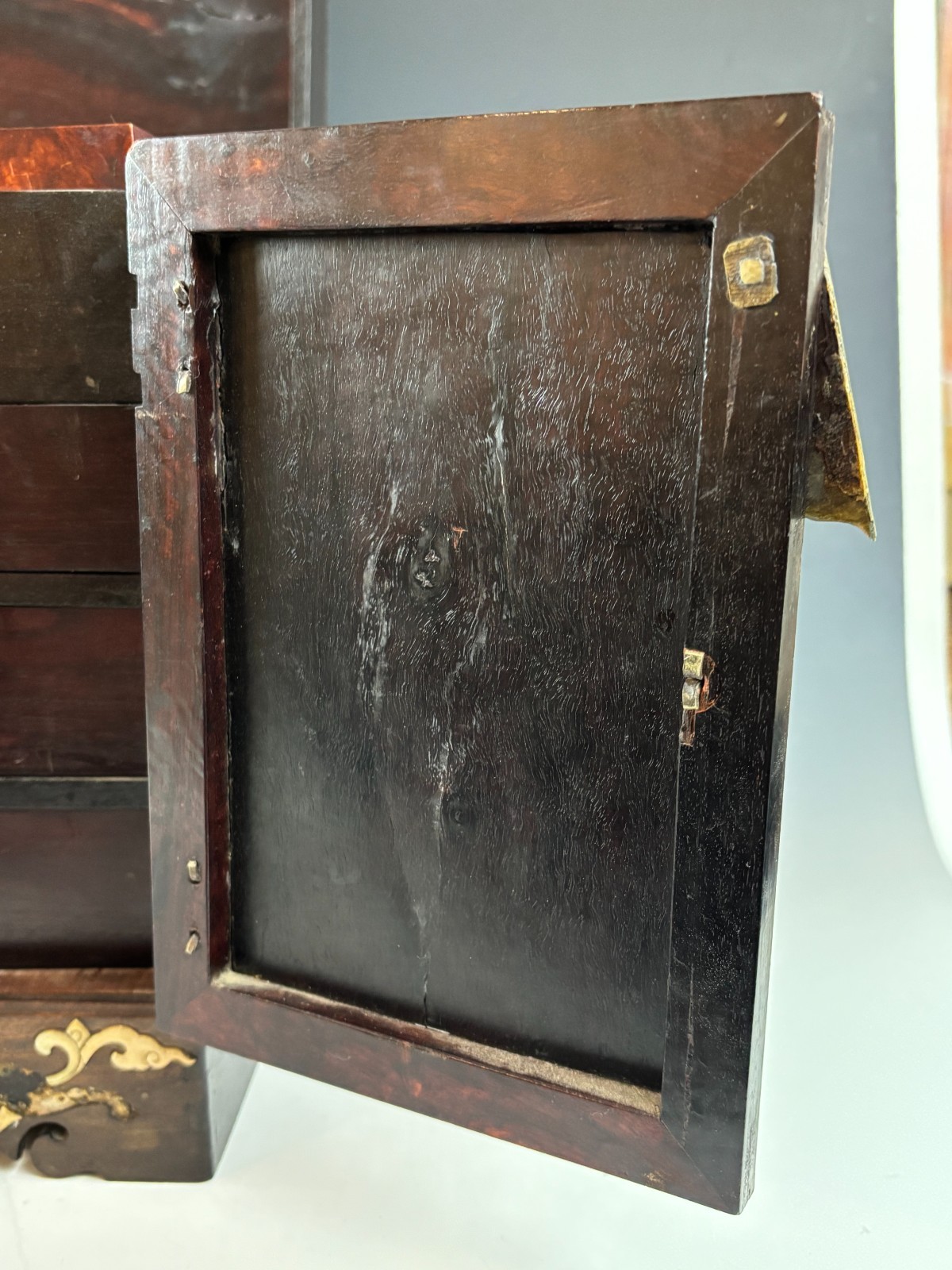 Antique Chinese Inlaid Hardwood Jewelry Cabinet c1900 w Original Bar Lock & Key
