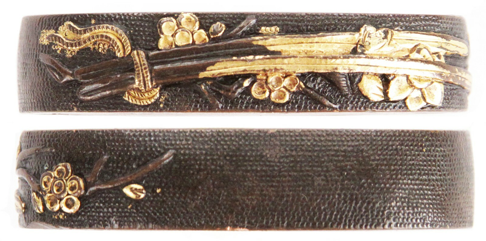Antique Japanese Shakudo Fuchi Gold Flowers Sword Fitting Tsuka Koshirae Samurai