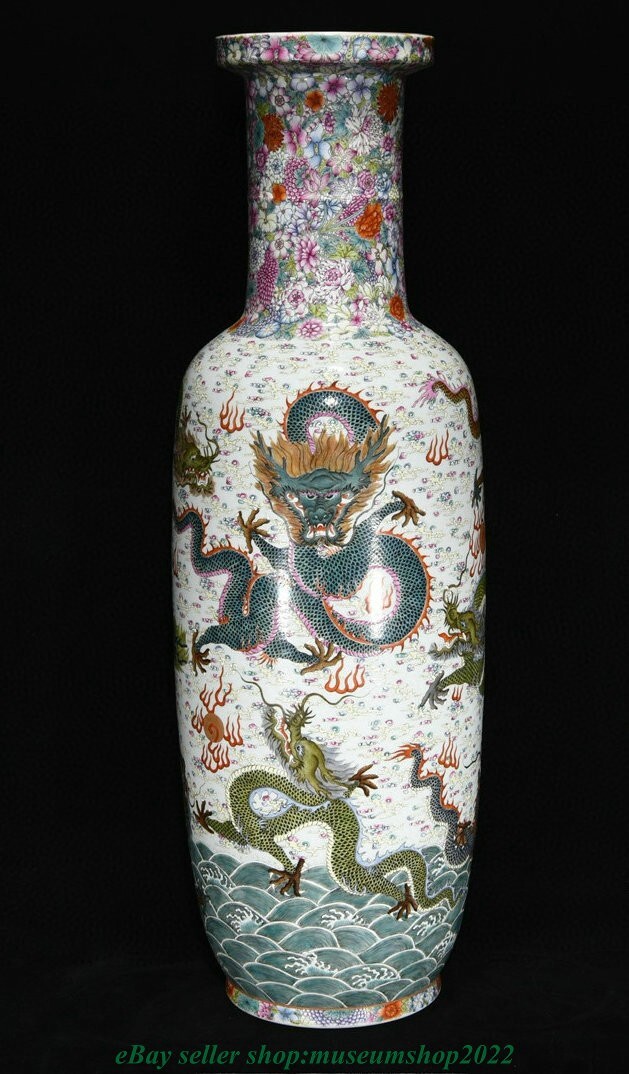 31.4″ Old Chinese Yongzheng Dynasty Enamel Porcelain Gild Dragon Bottle Vase