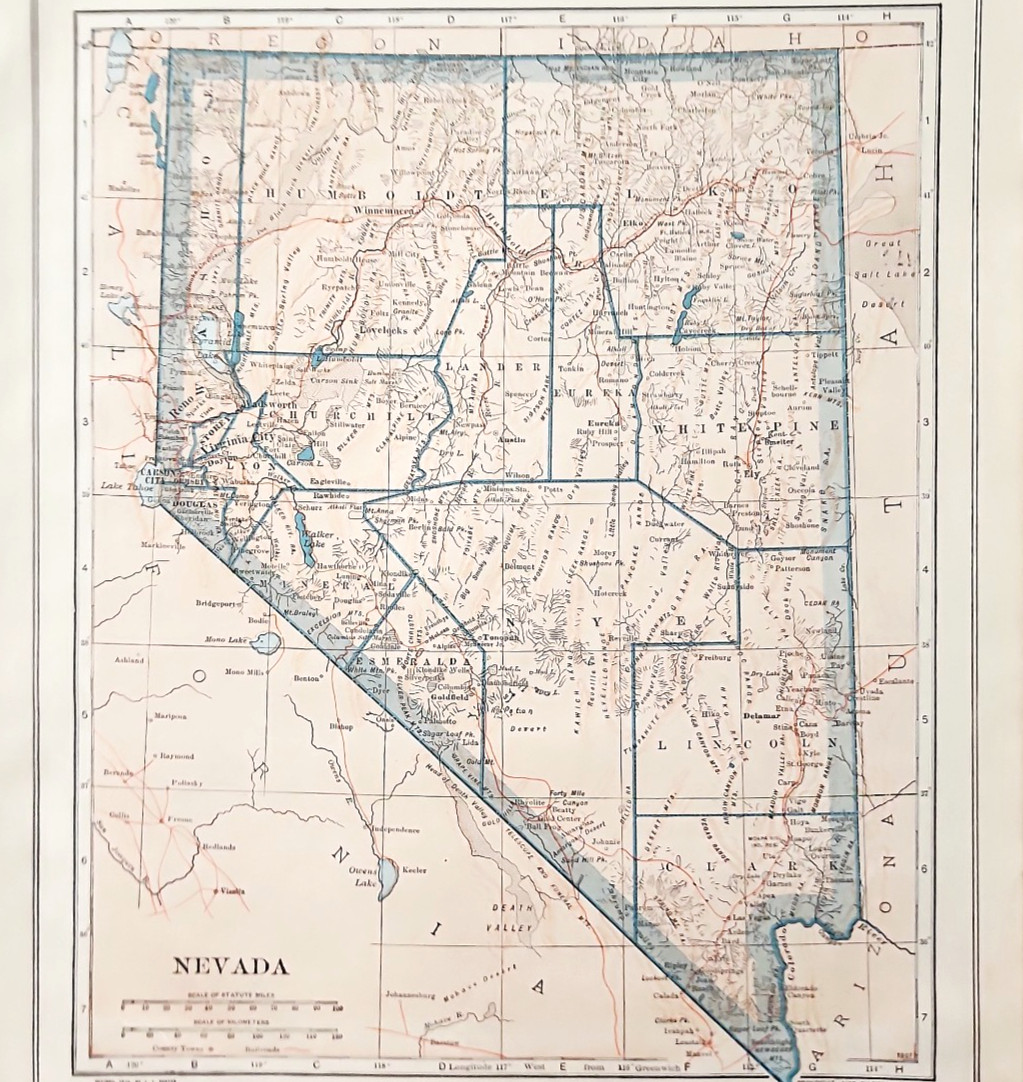 1914 Nevada State Map Collier World Atlas Gazetteer Antique Southwest USA