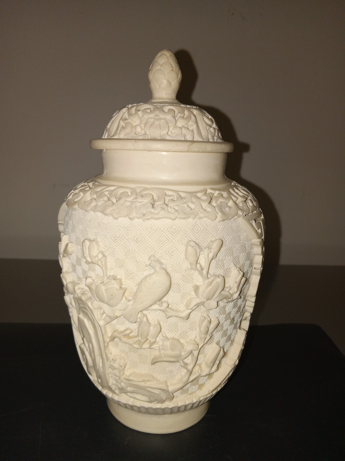 Vintage CHINESE Asian WHITE Resin VASE/URN With Lid Carving Bird Lotis Signed
