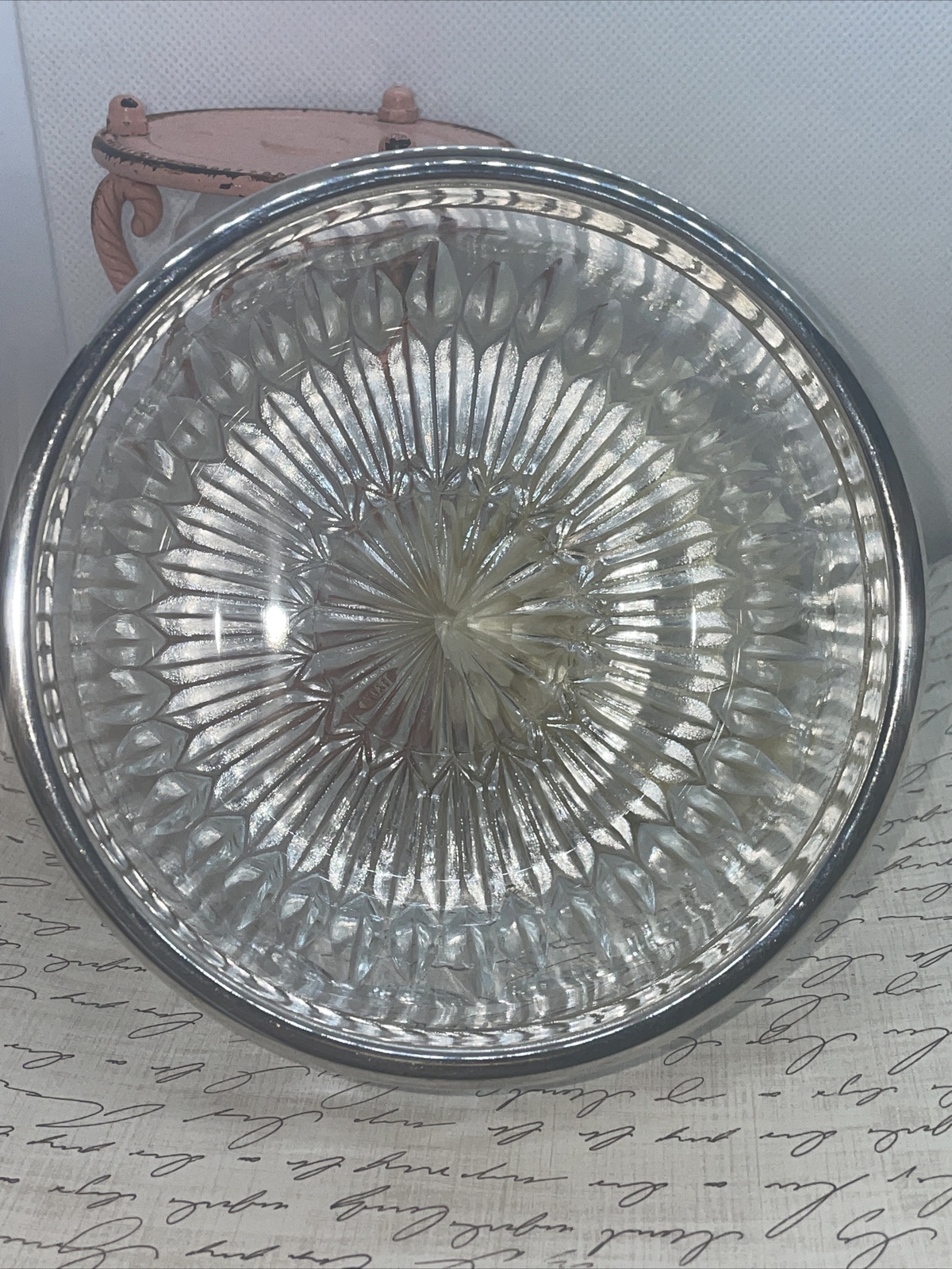 MID CENTURY Leonard Italy Cut Crystal Glass Silverplate Rim Cereal Nut Bowl 5″