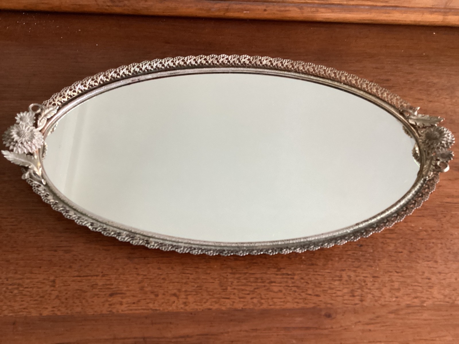 Vintage Gold Tone Oval Vanity Fair Tray Mirror Sunflower Hanging Cloth Bottom