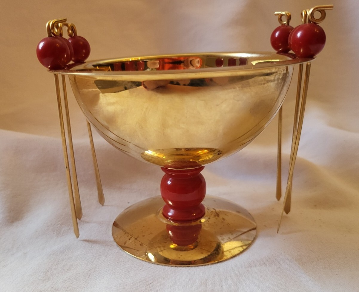 Napier Art Deco Bakelite Cherry Cocktail Sticks Picks & Gold Plated Olive Bowl